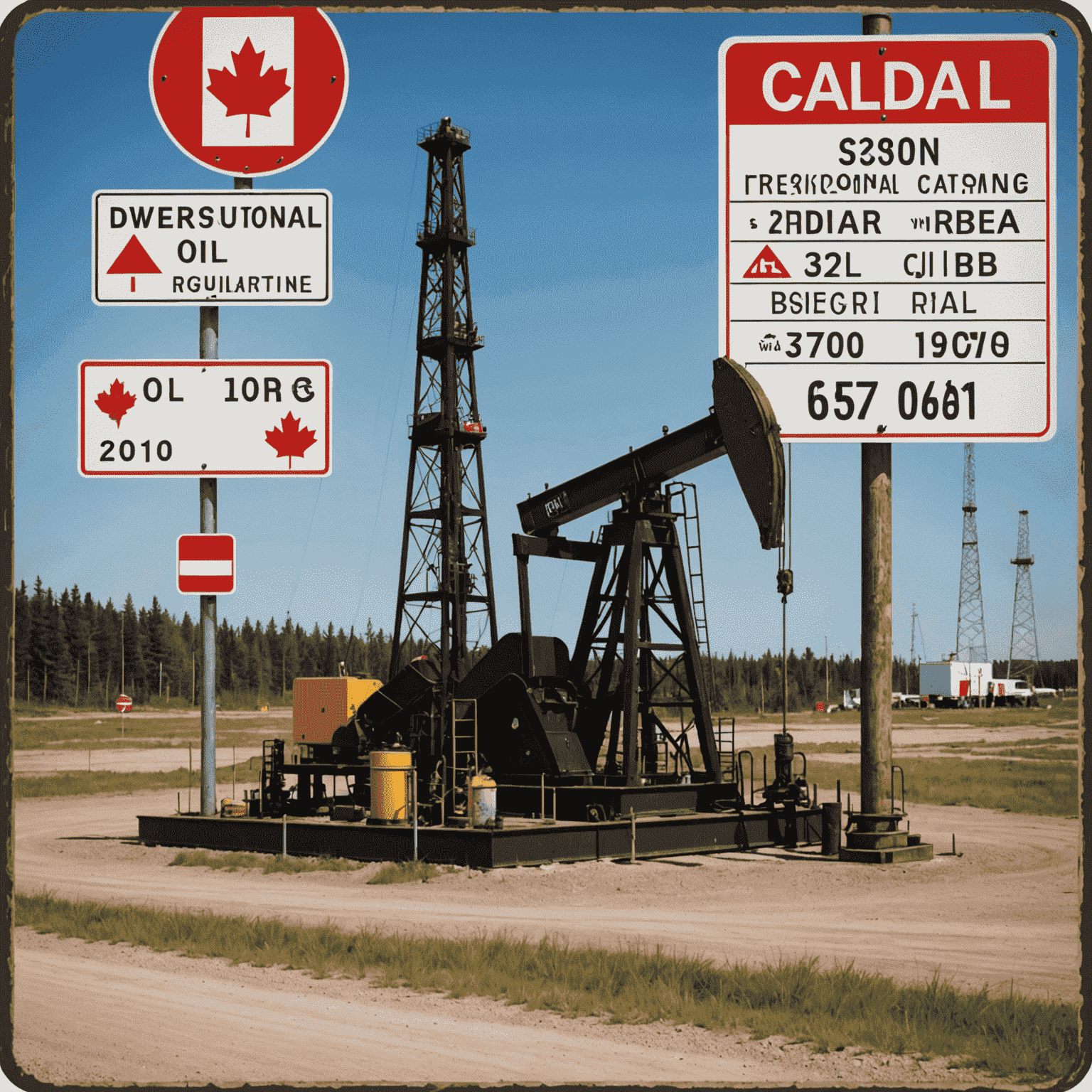 Canadian oil field with drilling rigs and regulatory signs, symbolizing the legal framework for oil businesses